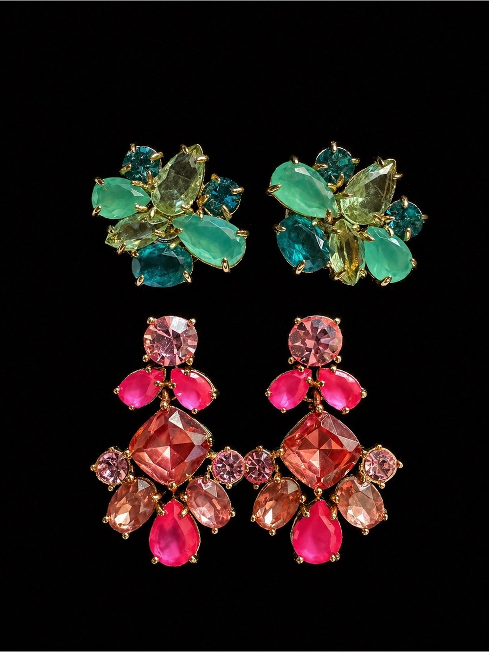 kate spade Earrings Bundle: Pink Statement Drops + Green Cluster Studs Gold Tone
